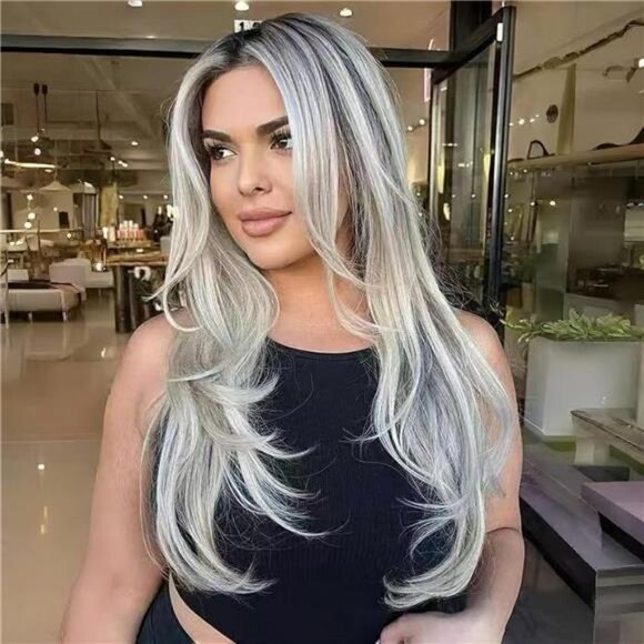 Layered Wavy Wigs with Curtain Bangs for Women, Ombre Platinum Blonde - Picture 1 of 6